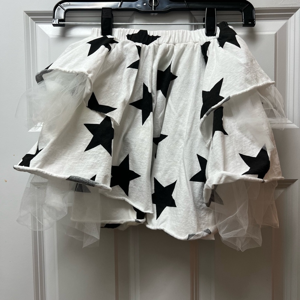 Nununu White Tulle Layered Skirt with Black Star Pattern Girls Size 8-9